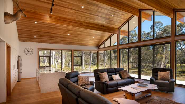 Laminated Tas Oak beams with Britton Bros Tas Oak VJ lining