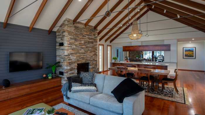 Open plan living showcasing; Boral Stone, Lunawood, Spotted Gum and Myrtle flooring